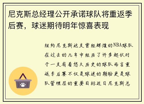 尼克斯总经理公开承诺球队将重返季后赛，球迷期待明年惊喜表现