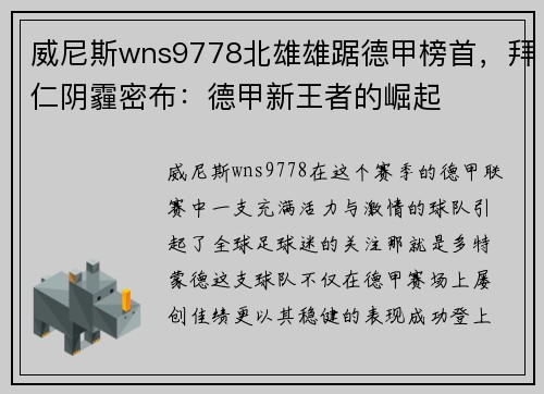 威尼斯wns9778北雄雄踞德甲榜首，拜仁阴霾密布：德甲新王者的崛起