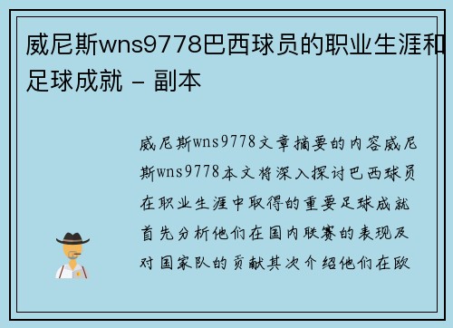 威尼斯wns9778巴西球员的职业生涯和足球成就 - 副本