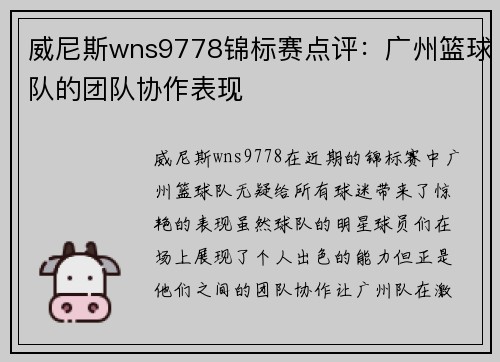 威尼斯wns9778锦标赛点评：广州篮球队的团队协作表现