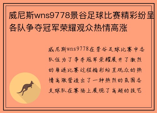 威尼斯wns9778景谷足球比赛精彩纷呈各队争夺冠军荣耀观众热情高涨
