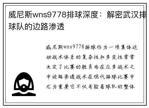 威尼斯wns9778排球深度：解密武汉排球队的边路渗透