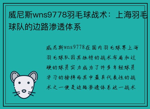 威尼斯wns9778羽毛球战术：上海羽毛球队的边路渗透体系