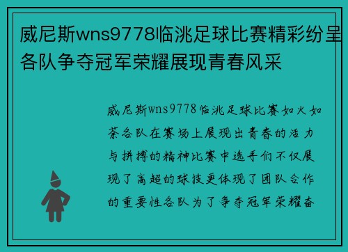 威尼斯wns9778临洮足球比赛精彩纷呈各队争夺冠军荣耀展现青春风采