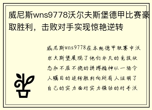 威尼斯wns9778沃尔夫斯堡德甲比赛豪取胜利，击败对手实现惊艳逆转