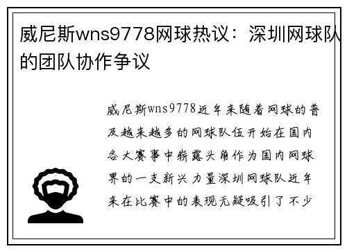 威尼斯wns9778网球热议：深圳网球队的团队协作争议